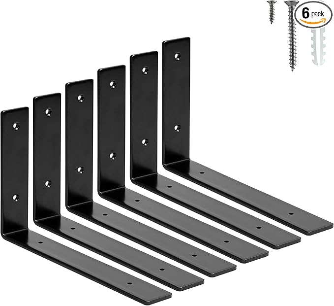 HEART ART 6 Pack Shelf Brackets 10 inch,L Brackets for Shelves,Black Heavy Duty Metal Shelf Brackets,10”x6”x1.4”