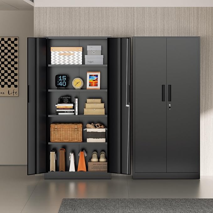 72” Metal Storage Cabinet, Lockable File Cabinets with 2 Doors and 4 Adjustable Shelves, Steel Tool Cabinets with Lock for Office, Home, Gym, Black-Small