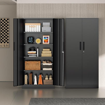 72” Metal Storage Cabinet, Lockable File Cabinets with 2 Doors and 4 Adjustable Shelves, Steel Tool Cabinets with Lock for Office, Home, Gym, Black-Small