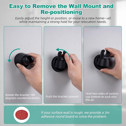 Hibbent Vacuum Suction Cup Shower Head Holder, Removable Showerhead Bracket, Height Adjustable Shower Wand Holder & Wall Mount ABS Plastic Suction Holder for Handheld Shower Head, Matte Black