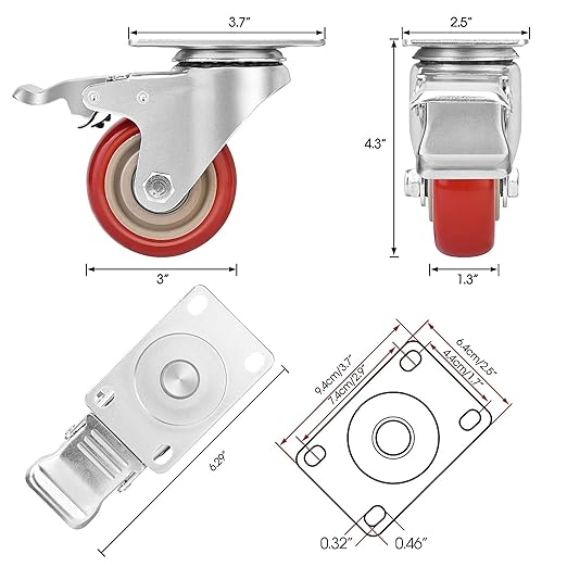 3 Inch Industrial Heavy Duty Swivel Caster Wheels with Brake,Set of 4 Safety Locking Casters,Load 1600lbs,Premium Polyurethane Wheels for Table,Trailer,Saw Table,Stage Toolbox,Bed,Corn Board