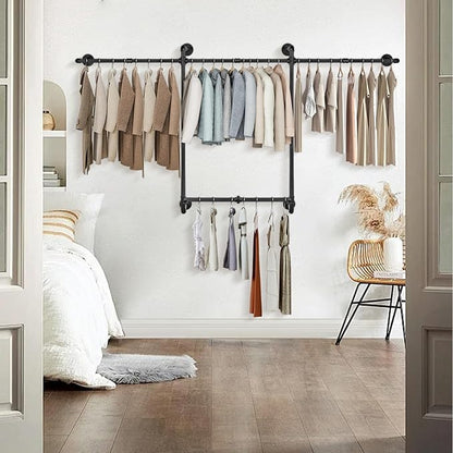 Livabber Industrial Pipe Clothes Rack, Heavy Duty Detachable Iron Garment Rack Wall Mounted, Rustic Saving Space Clothes Bar Multi-Purpose Hanging Rod for Bedroom, Closet, 2 Tier, Black (82 Inch)