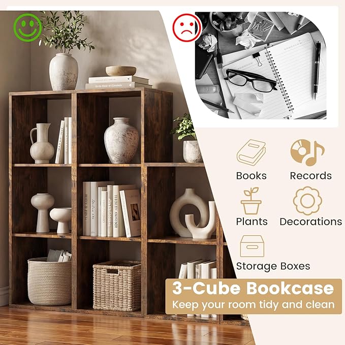 Giantex 3-Cube Bookcase, Cubby Bookshelf w/Back Guardrail & Anti-Tipping Kits, 4-Tier Freestanding Storage Organizer with Shelves, Open Back Display Rack for Living Room, Bedroom, Study