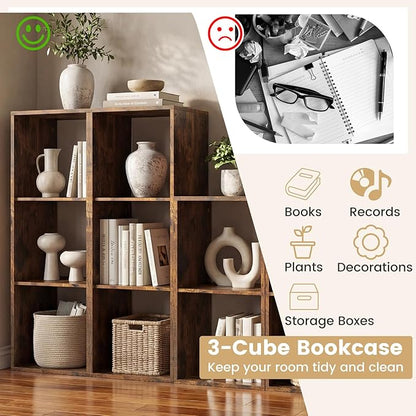 Giantex 3-Cube Bookcase, Cubby Bookshelf w/Back Guardrail & Anti-Tipping Kits, 4-Tier Freestanding Storage Organizer with Shelves, Open Back Display Rack for Living Room, Bedroom, Study