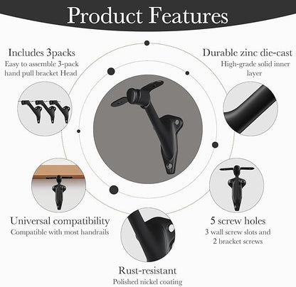 3" Stair Handrail Bracket, 6 Pack Hand Rail Brackets for Stairs, Matte Black Stair Railing Bracket, Banister Brackets for Indoor Stairs, HOME MASTER HARDWARE