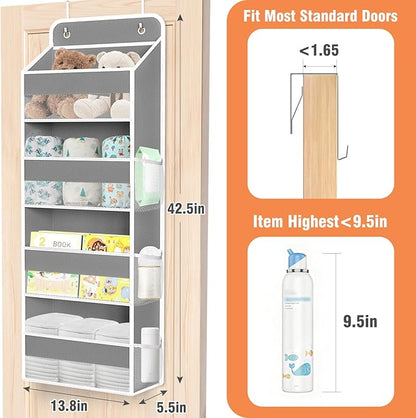 WISELIFE Over the Door Organizer - 4 Shelves Large Capacity Hanging Bedroom Storage Solution with 6 Side Pockets for Dorm Bathroom Pantry Nursery and Baby Essentials Holds up to 40 lbs (Grey)