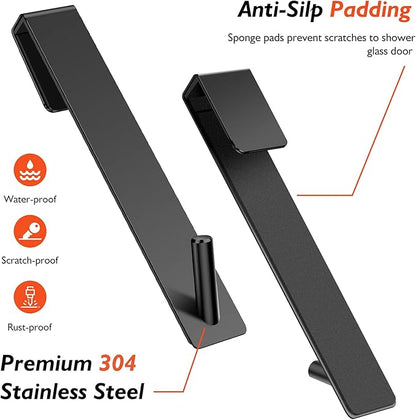 Shower Door Hooks(10 Inch),Extended Over Door Hooks for Bathroom Frameless Glass Shower Door,Stainless Steel Towel Hooks,Heavy Duty Rack Hooks for Robe,Towel-4 Pack-Black