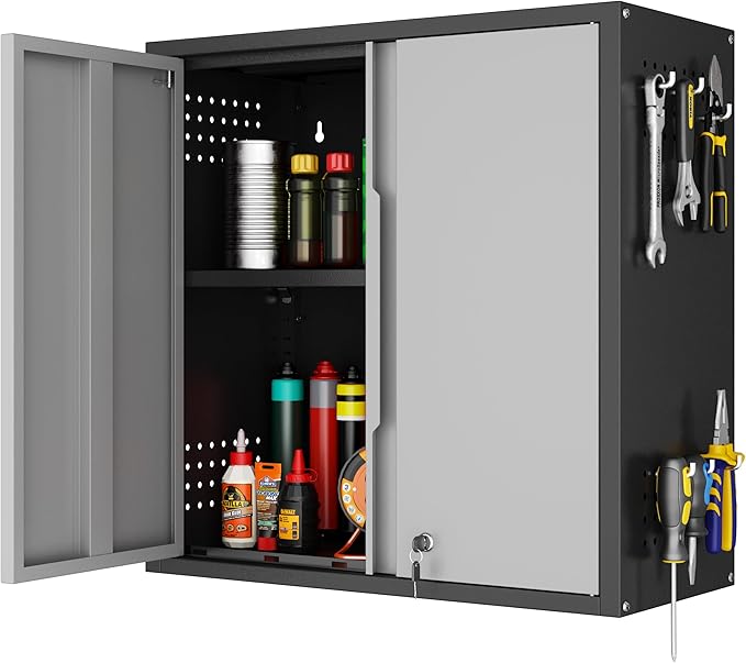 Garage Wall Cabinet, Metal Wall Cabinets with 2 Doors, Wall Cabinet with Lock, 26'' Gray Wall Mounted Floating Tool Cabinets for Home Office, Warehouse, Kitchen, Bathroom, Utility Room