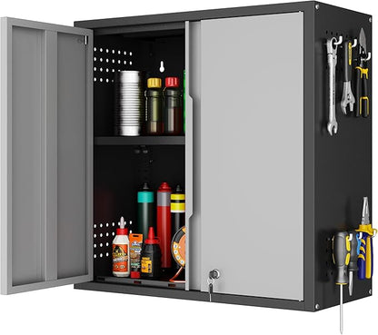 Garage Wall Cabinet, Metal Wall Cabinets with 2 Doors, Wall Cabinet with Lock, 26'' Gray Wall Mounted Floating Tool Cabinets for Home Office, Warehouse, Kitchen, Bathroom, Utility Room