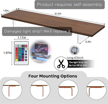 Monitor Stand Riser,Wood & Acrylic Computer Monitor Stand with LED Strip Light,Desk Accessories Desktop Organizer Stand for Computer,Laptop,Printer,PC & TV Screen