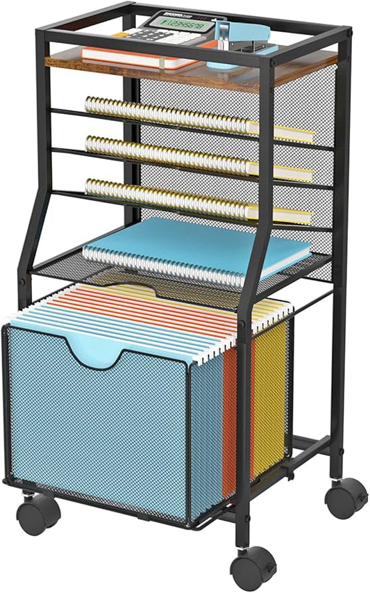 Rolling File Cart, 6-Tier Desk File Organizer on Lockable Wheels, Brown Wood Planks & Mesh Sliding Hanging Folder Drawer, Organization Cart for Office Home School