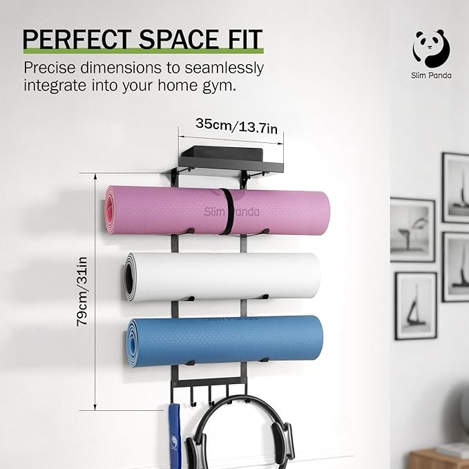 Slim Panda Yoga Mat Holder Wall Mount With Mesh Bag,Yoga Accessories Storage Rack,Home Gym Organizer with Metal Floating Shelf & 5 Hooks for Hanging Yoga Mats, Foam Roller, Resistance Bands
