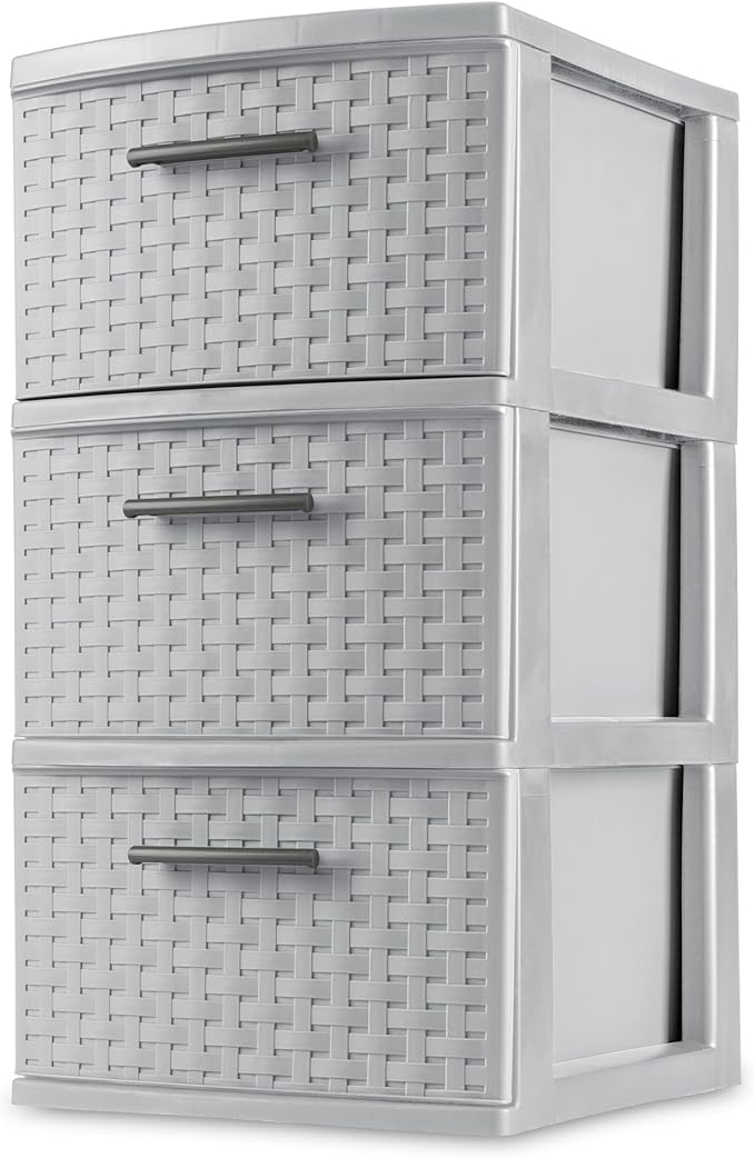 Sterilite 2 Pack 3 Drawer Storage Tower, Plastic Weave Medium Organizer, Cement - Lightweight Opaque Container for Bedrooms, Closets, or Bathrooms