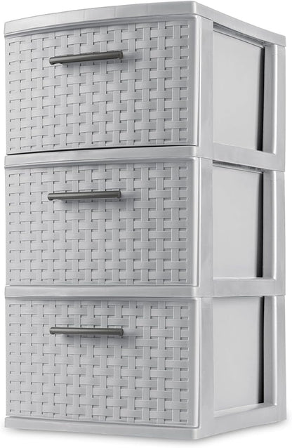 Sterilite 2 Pack 3 Drawer Storage Tower, Plastic Weave Medium Organizer, Cement - Lightweight Opaque Container for Bedrooms, Closets, or Bathrooms