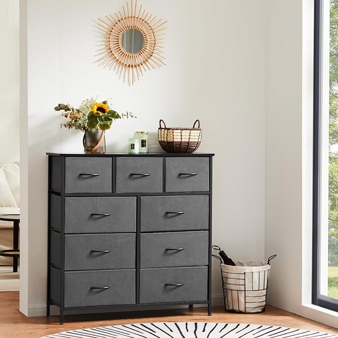 Sweetcrispy 9 Drawer Fabric Dresser Tall Chest Storage Organizer Tower with Cabinet Metal Frame and Wood Top Lightweight Closet Furniture for Bedroom,Charcoal Grey