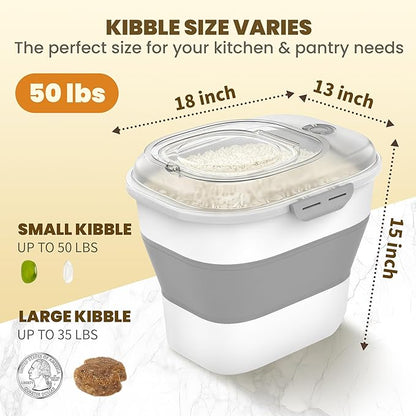 20-50Lbs Rice Container,Collapsible Food Storage Containers with Clear Airtight Lid,Wheels,Date Track,Rice Storage Container with 2PCS Containers and Scoop,Rice Dispenser for Flour Sugar Grain Dog Cat