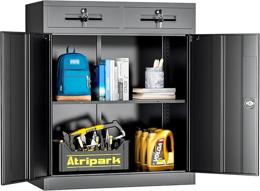 INTERGREAT Metal Garage Storage Cabinets with Lock,Steel Storage Cabinet with 2 Doors and 2 Adjustable Shelves, Small Lockable Office Steel Cabinet for Home, Warehouse, School(Black)