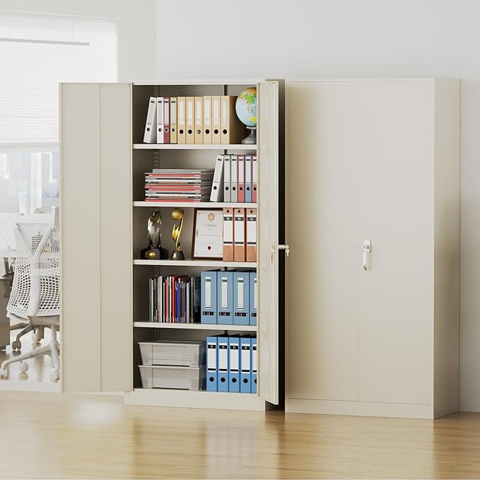 Pataku Metal Storage Cabinet, 72" Garage Cabinet with Doors and Shelves Lockable Steel Multifunctional Cabinets, File Cabinets for Home, Office, Warehouse(Putty)