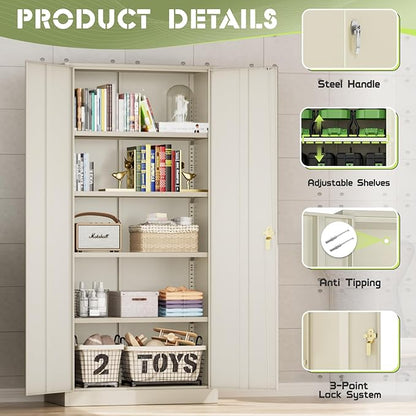 SUNCROWN 72" Metal Storage Cabinet - Heavy-Duty Metal Garage Cabinet with 4 Adjustable Shelves & 2 Doors for Tools, Office, Home, Workshop,Warm Grey