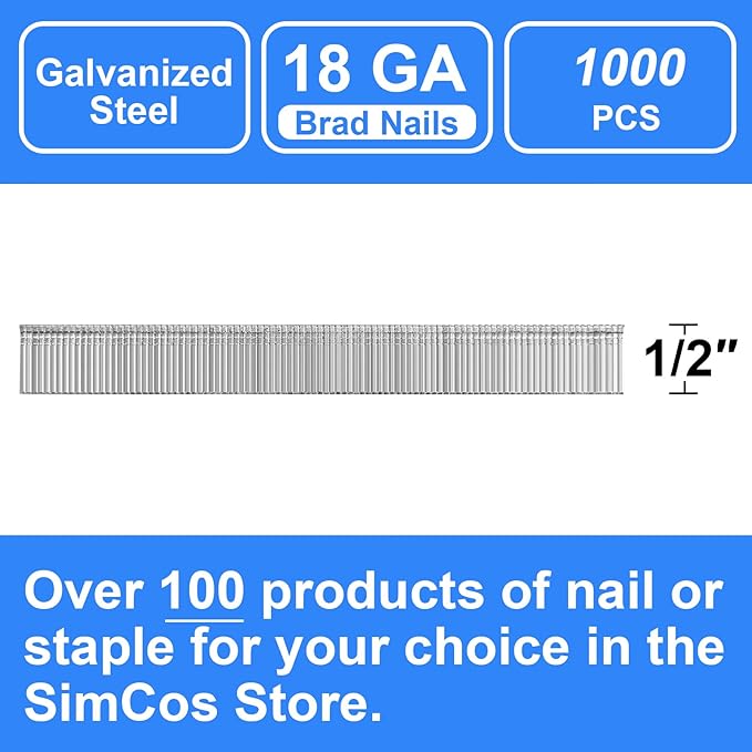18 Gauge Brad Nails 4 Sizes (2",1-1/2",1-1/4",3/4") Galvanized 18 GA Nail Gun Nails Assorted and Small Finishing Nails for Pneumatic, Electric Brad Nailer (1/2" - 1000 PCS)