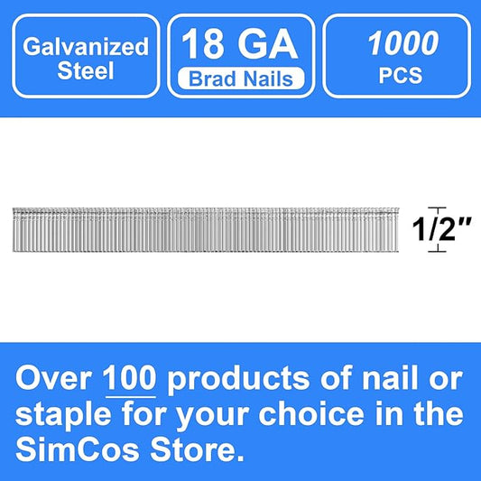 18 Gauge Brad Nails 4 Sizes (2",1-1/2",1-1/4",3/4") Galvanized 18 GA Nail Gun Nails Assorted and Small Finishing Nails for Pneumatic, Electric Brad Nailer (1/2" - 1000 PCS)