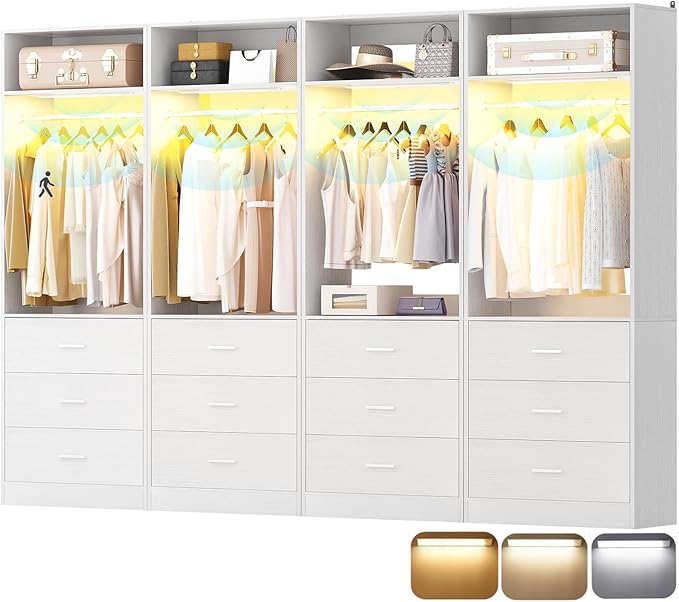 8FT Closet System with 4 Motion Sensor LED Lights, 96" Closet Systems with 12 Drawers, Closet Organizer System with 4 Hanging Rods & 4 Shelves, Heavy Duty 96 Inch Walk-in Closet, White