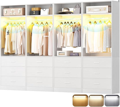 8FT Closet System with 4 Motion Sensor LED Lights, 96" Closet Systems with 12 Drawers, Closet Organizer System with 4 Hanging Rods & 4 Shelves, Heavy Duty 96 Inch Walk-in Closet, White