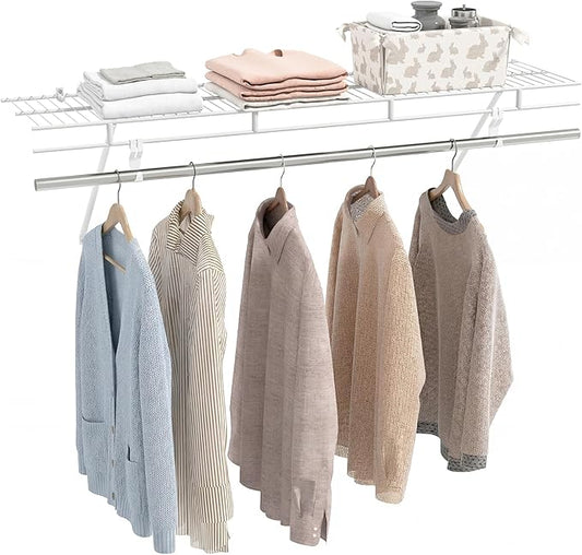 Giantex Closet Shelf with Hanging Rod, 4 ft Wall Mounted Wire Shelving Kit with Storage Shelf & Clothes Rod, Ventilated Metal Wall Shelf Organizer for Laundry Room, Closet, Bedroom, White