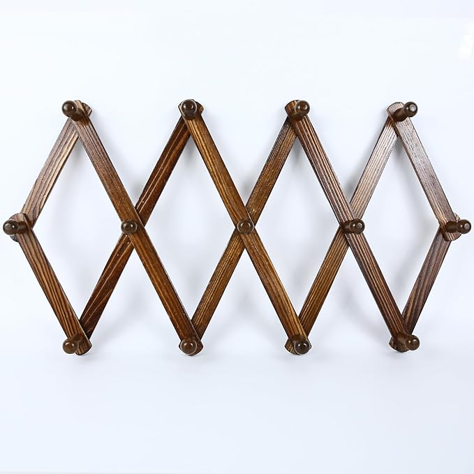 AMAPON Accordion Style Expandable Wall Wooden Coat Rack 13 Hooks (Pegs) Hang Hats Jackets Coffee Mug Purses Necklaces Towels Cap Leash Scarves Data Line Kitchenware (Walnut 2 Packs)