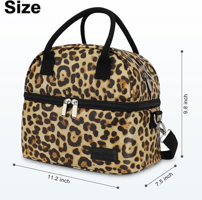 BALORAY Lunch Bag for Women Men, Double Deck Lunch Box for Adults, PU Leather Lunch Tote Bag Insulated Lunch Bags with Strap for Work Office Picnic (leopard with strap)