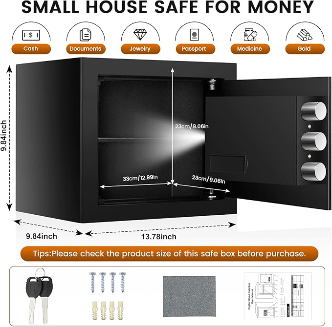Safe Box, Fireproof Home Safe with Fireproof Waterproof Bag, 9.84 Inches Tall Anti-Theft Digital Security Lock Box with Smart Alert System, Removable Shelf, Mute Function, Document Safes for Jewelry