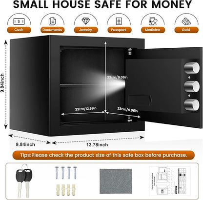 Safe Box, Fireproof Home Safe with Fireproof Waterproof Bag, 9.84 Inches Tall Anti-Theft Digital Security Lock Box with Smart Alert System, Removable Shelf, Mute Function, Document Safes for Jewelry