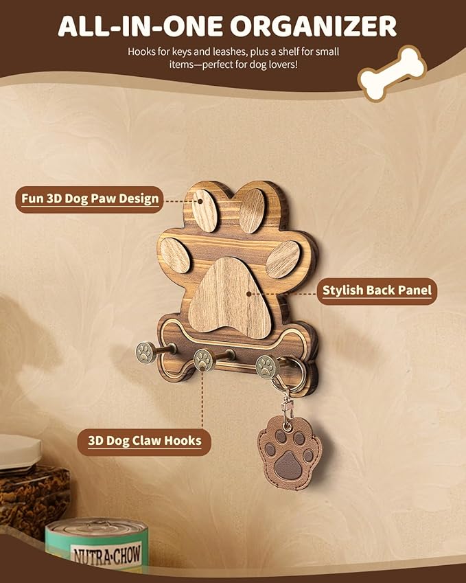 MTERSE Pine Wood Dog Leash Holder for Wall – Cute Hooks for Dog Leash Hanger & Key Holder for Entryway, or Living Room – Rustic Farmhouse Wall Decor and Cute Room Decor (Brown)