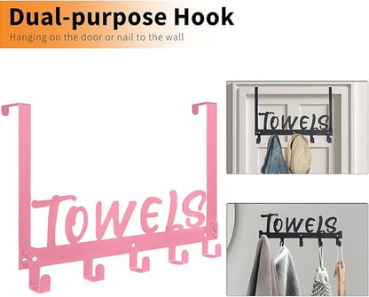 Over The Door Hook - 5 Coat Hooks Towel Rack for Bathroom & Bedroom (Pink)