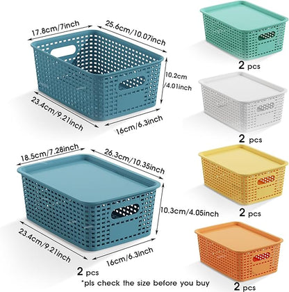 Plastic Storage Basket with Lids 10 Pack Stackable Colorful Storage Bins Containers with Lid, Decorative Storage Boxes for Organizing Shelves, Drawers, Playroom, Classroom, Office, Closet