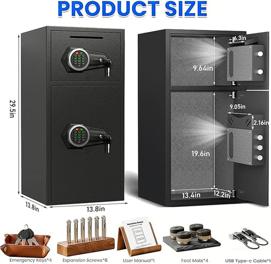 6.5 Cu ft Safe Box Fireproof Waterproof, Home Safe With Removable Shelves & LED Lights, Dual Alarm System + Digital Code Deposit Safe, Cash, Files Storage & Office Use