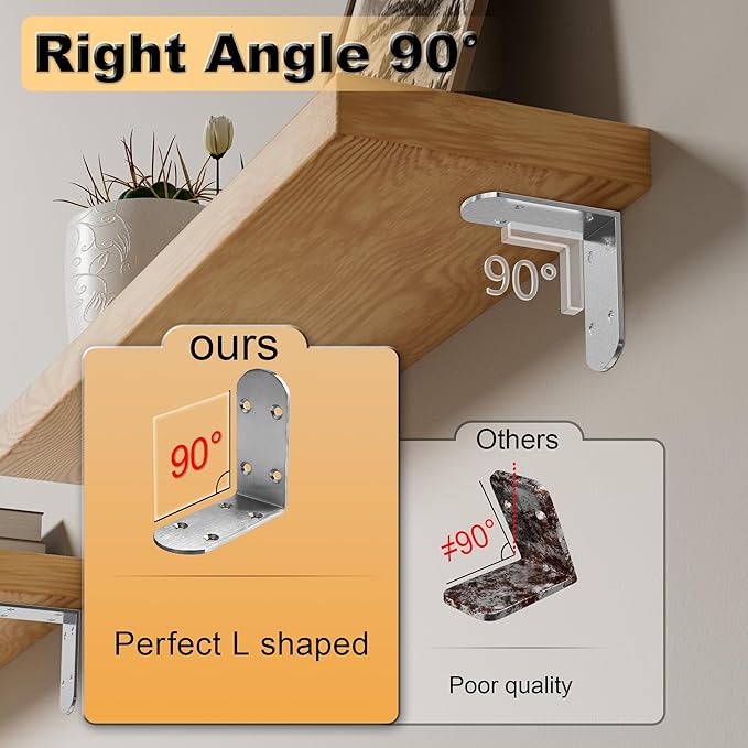 Alise 4Pcs Shelf Brackets,Stainless Steel Floating Shelf Brackets Corner Brackets,L Brackets for Shelves,90 Degree Angle Bracket, Heavy Duty Shelf Brackets for Wood Furniture (Brushed, 3.35X3.35 in)