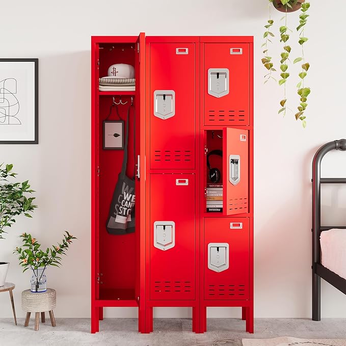 Metal Storage Locker with Lock & Card Slot Locker - Secure Lockable Door - Steel Locker for School, Office, Gym, Home - 66.15" H x 11.8" W x 11.8" D（5 Door, Red）