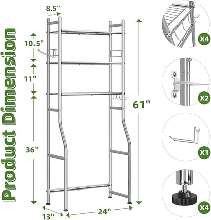 Simple Trending 3 Tier Over The Toilet Rack, Bathroom Shelves with 4 Hooks and Paper Holder, Bathroom Stand Organizer Space Saver, Chrome