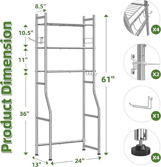 Simple Trending 3 Tier Over The Toilet Rack, Bathroom Shelves with 4 Hooks and Paper Holder, Bathroom Stand Organizer Space Saver, Chrome