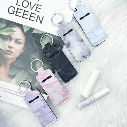 5-Piece Marble Chapstick Clip-On Sleeve Pouch Neoprene Keychains Lipstick Holder Elastic Lip Balm Holster Keychain Holder for Travel