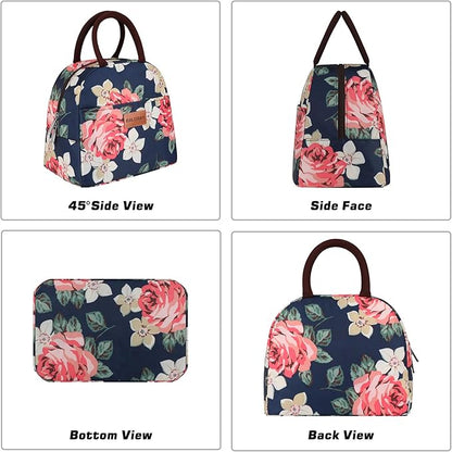 BALORAY Lunch Bag for Women Men Cute Reusable Insulated Lunch Box Large Capacity Lunch Tote Bag for Work, Picnic or Travel(Blue With Big Flower)