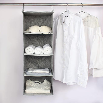 Hanging Closet Organizer, Easy Mount Collapsible 4-Shelf Camper Closet Wardrobe Hanging Storage Shelves, Folded Clothes Towels Handbag Shoes Accessories Storage, Linen Cloth, Gray