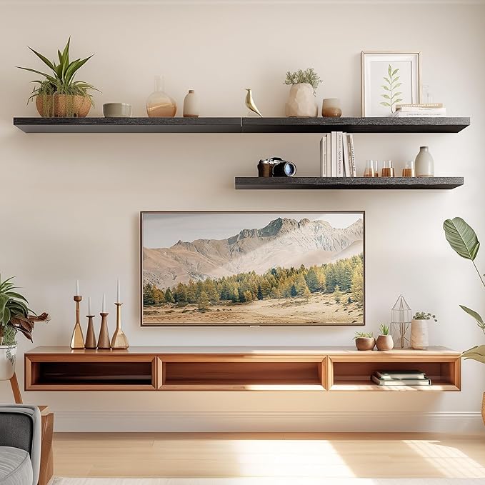 AMADA HOMEFURNISHING Floating Shelves, 32″ Large Wall Mounted Shelves for Bathroom, Bedroom, Living Room, Kitchen, Office, Hanging Shelf for Wall Décor Storage, Set of 2, Black