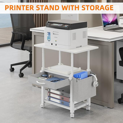 YAOHUOO Large 22"x15" Printer Stand, 3-Tier Height Adjustable with Storage Drawer & Side Bag, Rolling Cart for Heat Press/Laser/3D Printer (White)