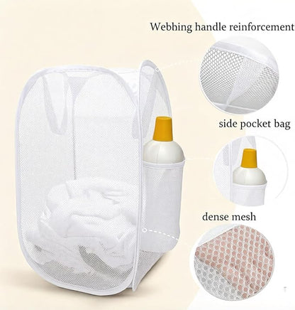 The upgraded pop-up laundry basket features a breathable side pocket mesh design, making it ideal for rooms, apartments, dormitories, travel, business trips, and children's storage (1,white)