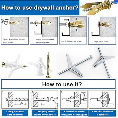 501PCS Drywall Anchors and Toggle Bolts with Screws Kit, 250PCS Dry Wall Anchors and 250PCS Expansion Screws (2025 Upgraded),11 Sizes Sheetrock Anchors Screws Kit for Wall Art Decor