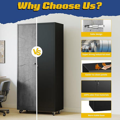 Metal Storage Cabinet with Doors and Adjustable Shelves, 73" Steel Garage Storage Cabinets with Wheels, Locking Tool Cabinet Utility Cabinets for Garage,Bathroom,Kitchen,Home Office,School
