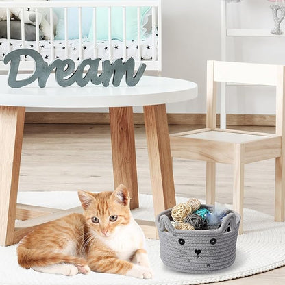 Zopeal Cat Basket Storage Woven Organizer with Ears Easter Decorative Gift Pet Toy Cute Cotton Rope Basket for Gift Cat Dog Toy Bin Nursery Room(8.3 x 4.7 Inch,Light Gray)