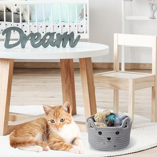 Zopeal Cat Basket Storage Woven Organizer with Ears Easter Decorative Gift Pet Toy Cute Cotton Rope Basket for Gift Cat Dog Toy Bin Nursery Room(8.3 x 4.7 Inch,Light Gray)